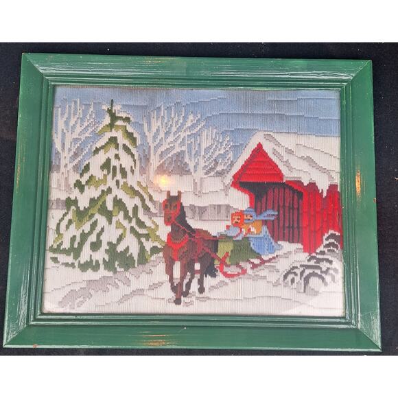 Framed Crewel 1980 Artcraft Concepts Christmas Winter Snow Horse Sleigh Picture - Picture 1 of 4